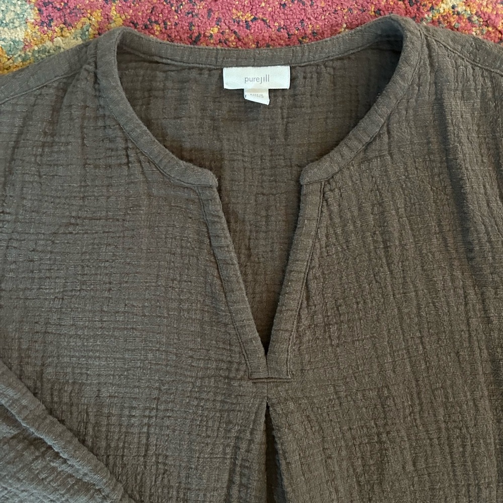 J. Jill | Women’s Brown Gauze Textured 3/4 Sleeve Vneck Round Hem Tunic Top, MP - Picture 9 of 14